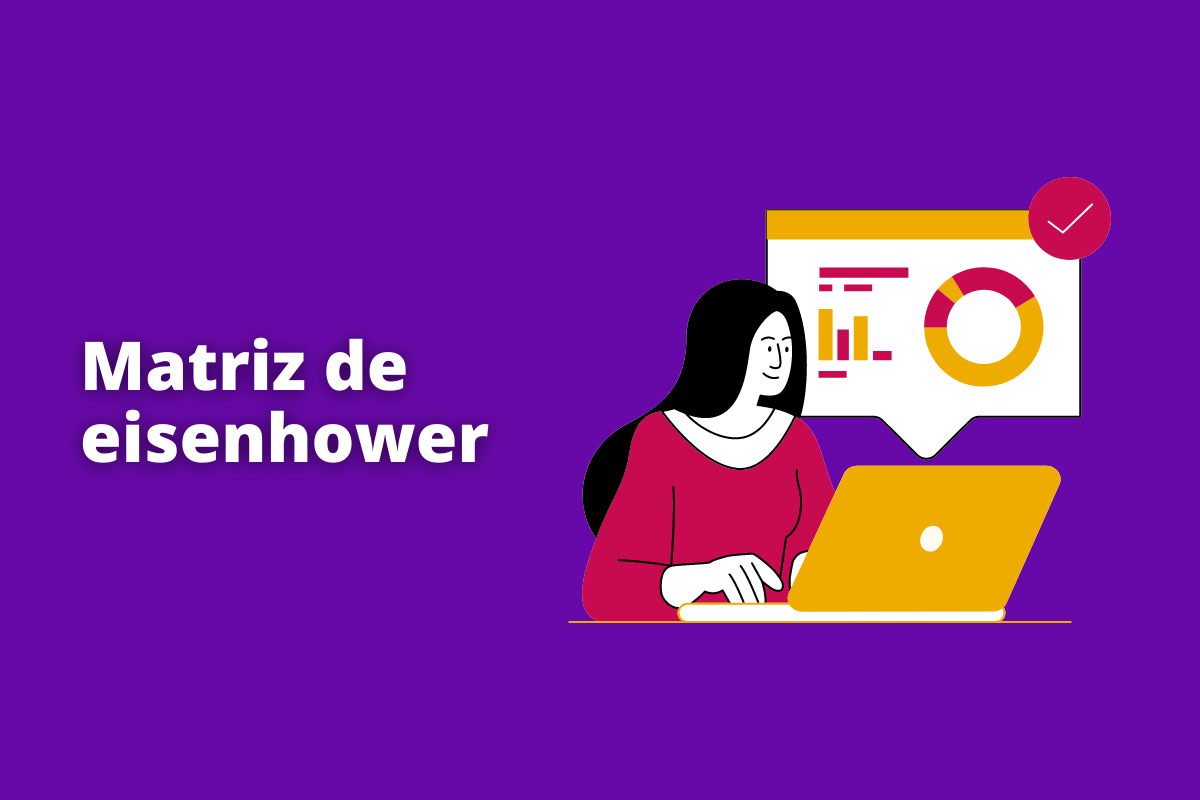 Montagem com fundo roxo e frase Matriz de eisenhower em branco à esquerda e foto do mesmo à direita