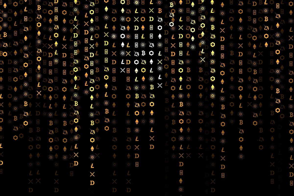 Criptografia: Matriz rice Código com fonte dourada diante de fundo preto em linguagem criptografada