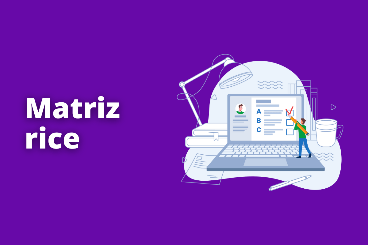 Montagem com fundo roxo e frase Matriz rice em branco à esquerda e foto do mesmo à direita