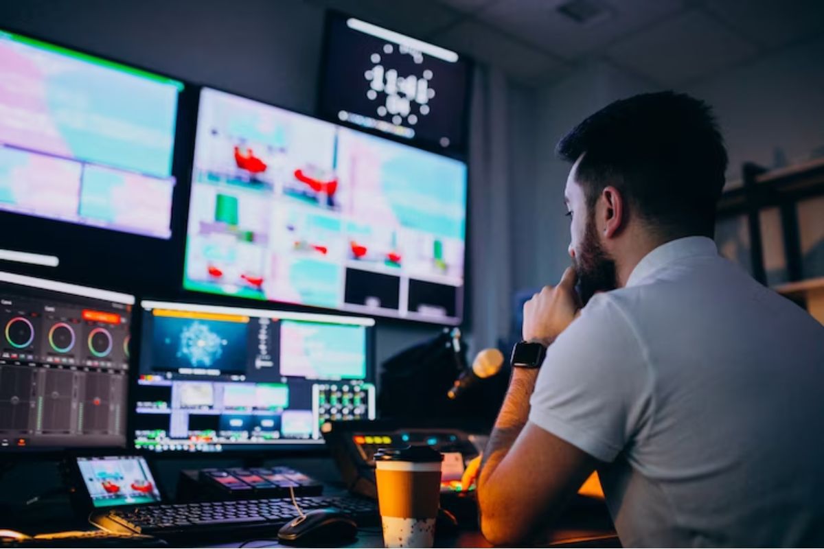 Homem editando vídeo em notebook com diversas telas de tamanhos diferentes por trás do aparelho