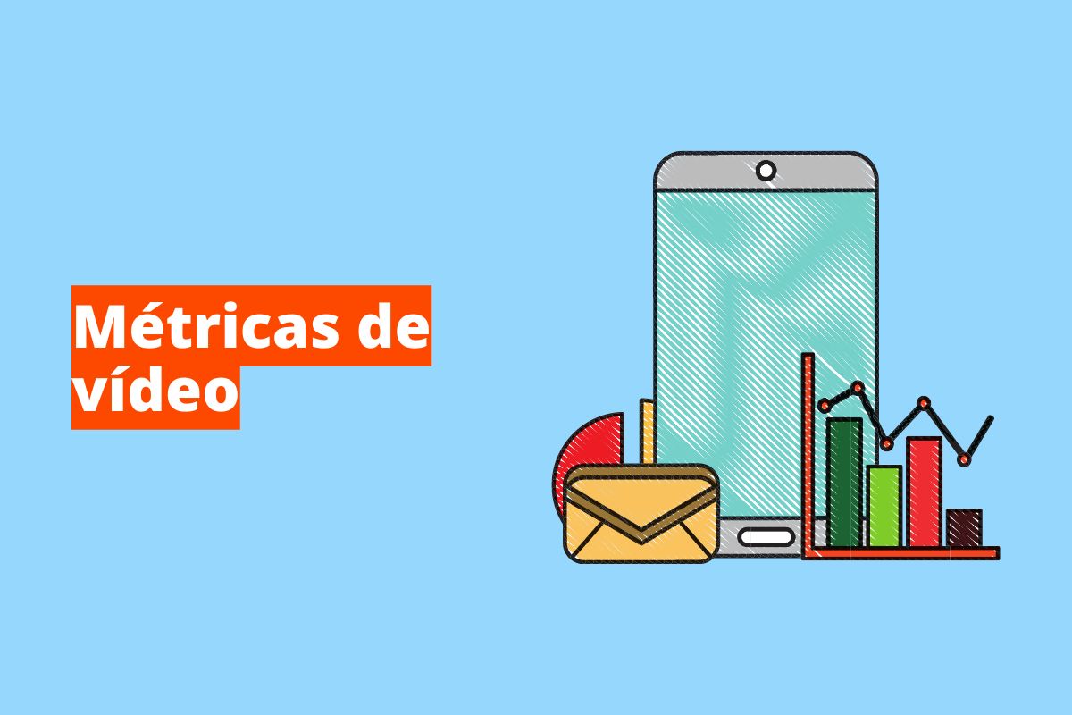 Montagem com fundo azul e frase Métricas de vídeo em branco à esquerda com fundo laranja e símbolo web que representa o tema à direita