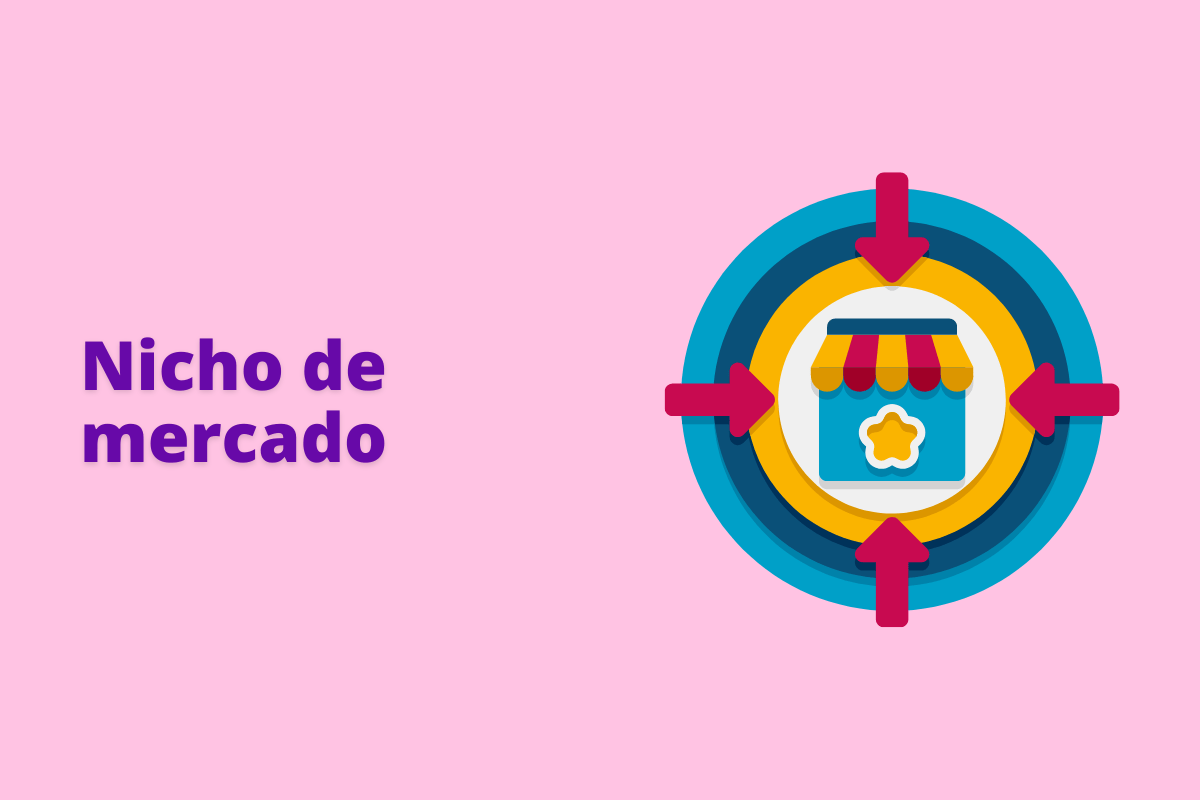Montagem com fundo rosa e frase Nicho de mercado em roxo à esquerda e símbolo web que representa o tema à direita