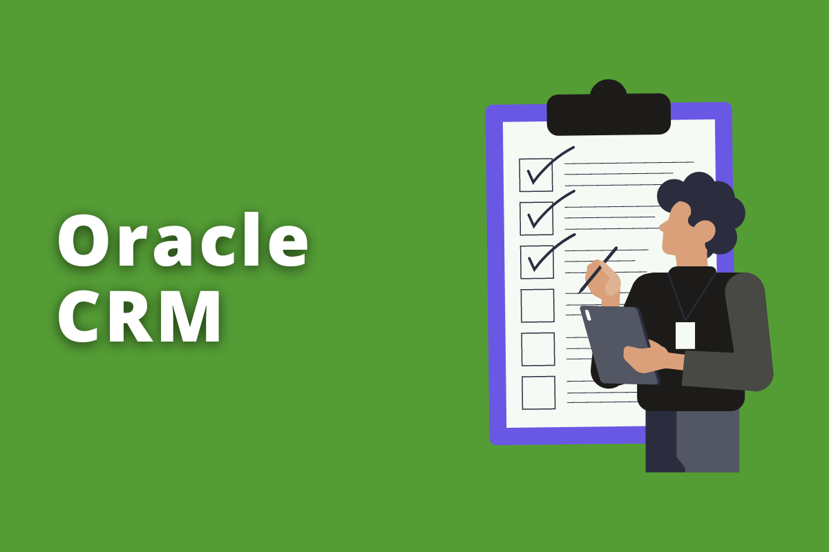 Montagem com fundo verde e frase Oracle CRM em branco à esquerda e símbolo web que representa o tema à direita