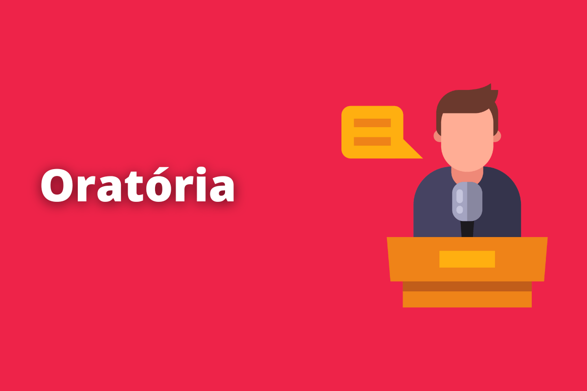 Montagem com fundo em tom avermelhado e termo Oratória em branco à esquerda e foto do mesmo à direita
