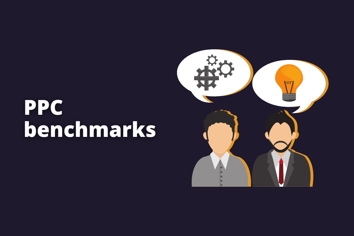 Montagem com fundo preto e frase PPC benchmarks em branco com símbolo web à direita que representa o tema