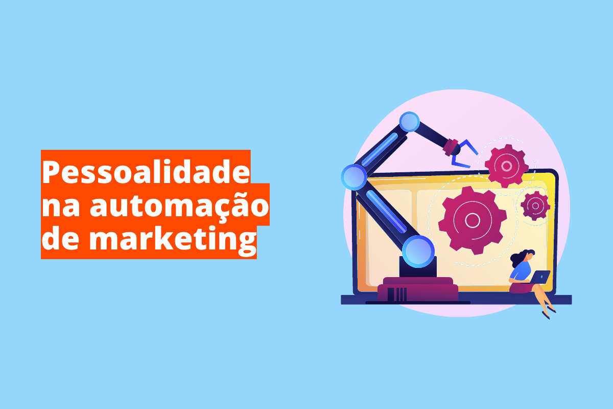 Montagem com fundo azul e frase Pessoalidade na automação de marketing em branco à esquerda com fundo laranja e símbolo web que representa o tema à direita