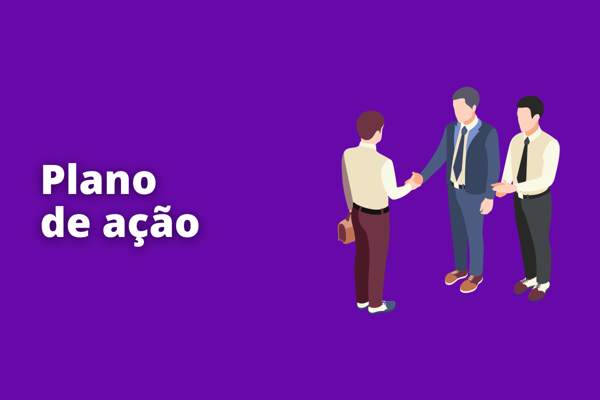 Montagem com fundo roxo e frase Plano de ação em branco à esquerda e foto do mesmo à direita