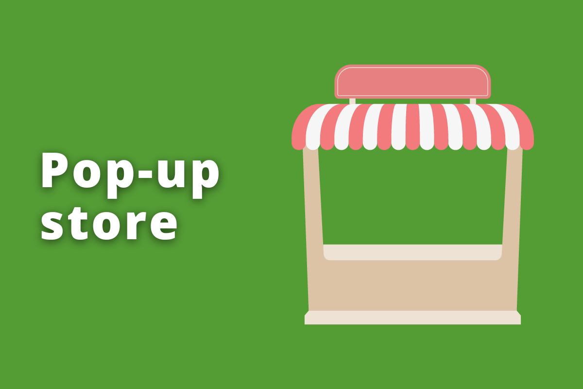 Montagem com fundo verde e frase Pop-up store em branco à esquerda e símbolo web que representa o tema à direita