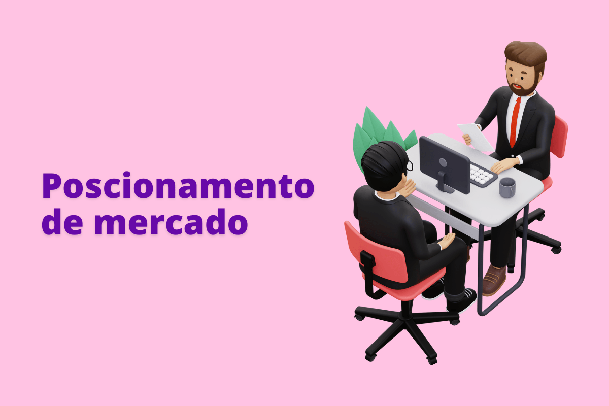 Montagem com fundo rosa e frase Posicionamento de mercado em roxo à esquerda e símbolo web que representa o tema à direita