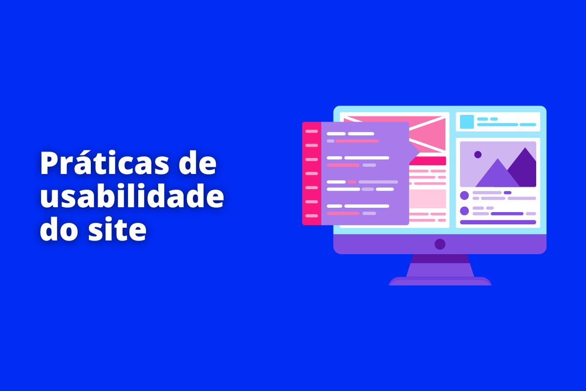 Montagem com fundo azul e frase Práticas de usabilidade do site em branco com símbolo web à direita que representa o tema