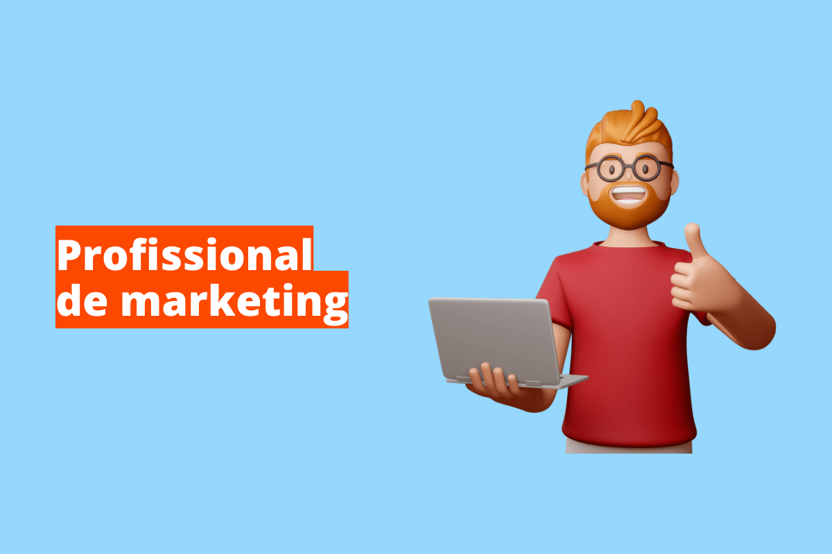 Montagem com fundo azul e frase Profissional de marketing em branco à esquerda com fundo laranja e símbolo web que representa o tema à direita