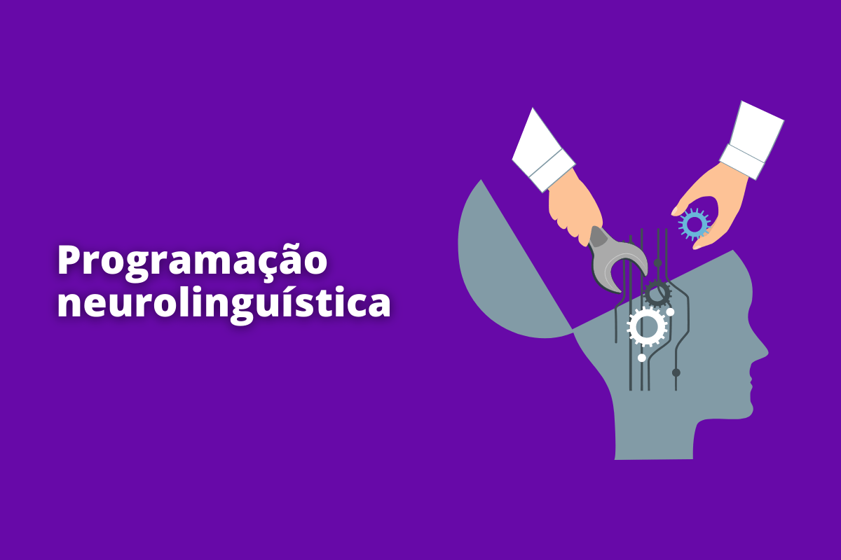 Montagem com fundo roxo e frase Programação neurolinguística em branco à esquerda e foto do mesmo à direita
