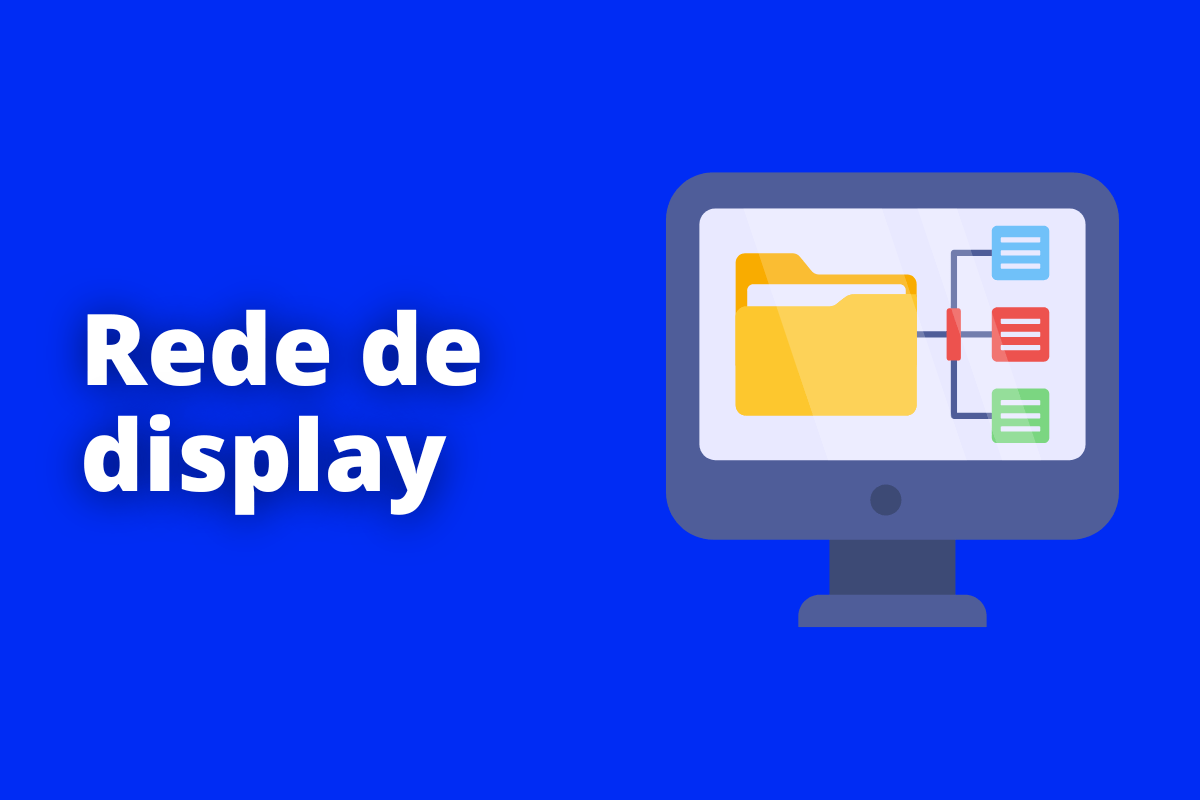 Montagem com fundo azul e frase Rede de display em branco com símbolo web à direita que representa o tema
