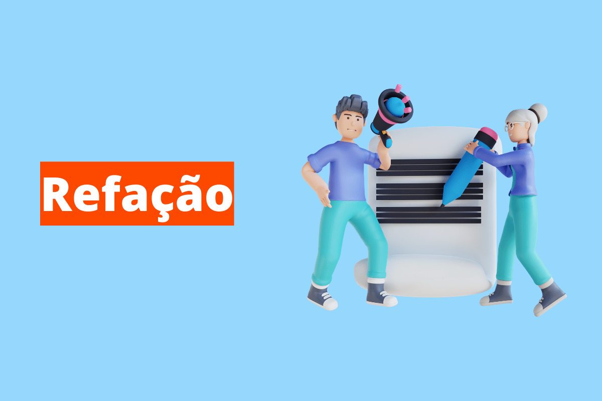 Montagem com fundo azul e nome Refação em branco à esquerda com fundo laranja e símbolo web que representa o tema à direita