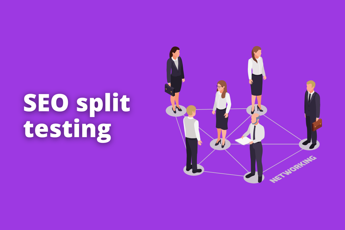 Montagem com fundo lilás e frase SEO Split Testing em branco à esquerda e foto do mesmo à direita