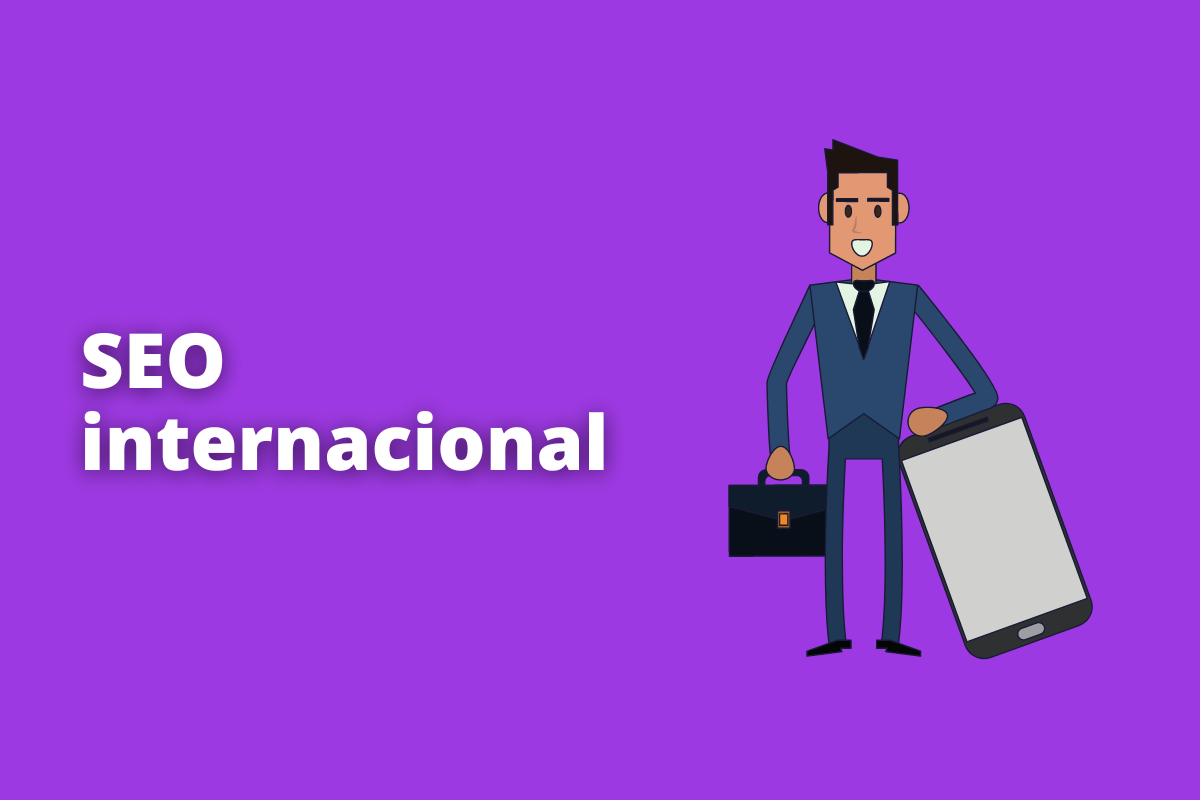 Montagem com fundo lilás e frase SEO internacional em branco à esquerda e símbolo web que representa o tema à direita