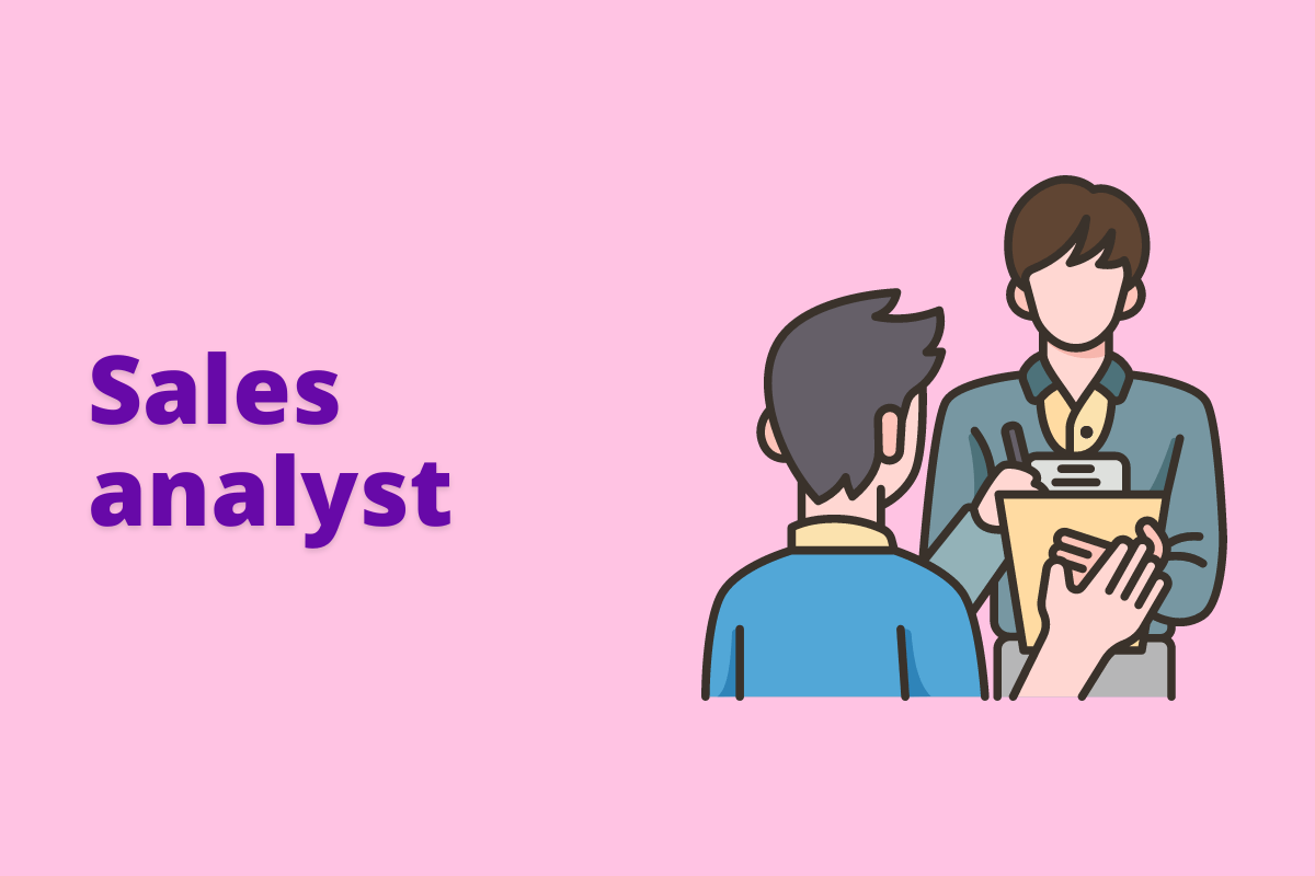 Montagem com fundo rosa e frase Sales analyst em roxo à esquerda e foto do mesmo à direita