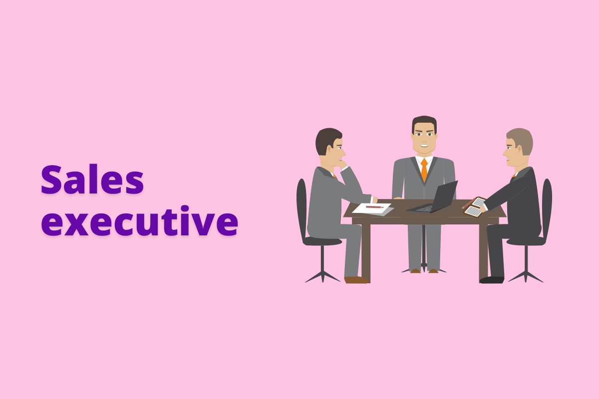 Montagem com fundo rosa e frase Sales executive em roxo à esquerda e símbolo web que representa o tema à direita