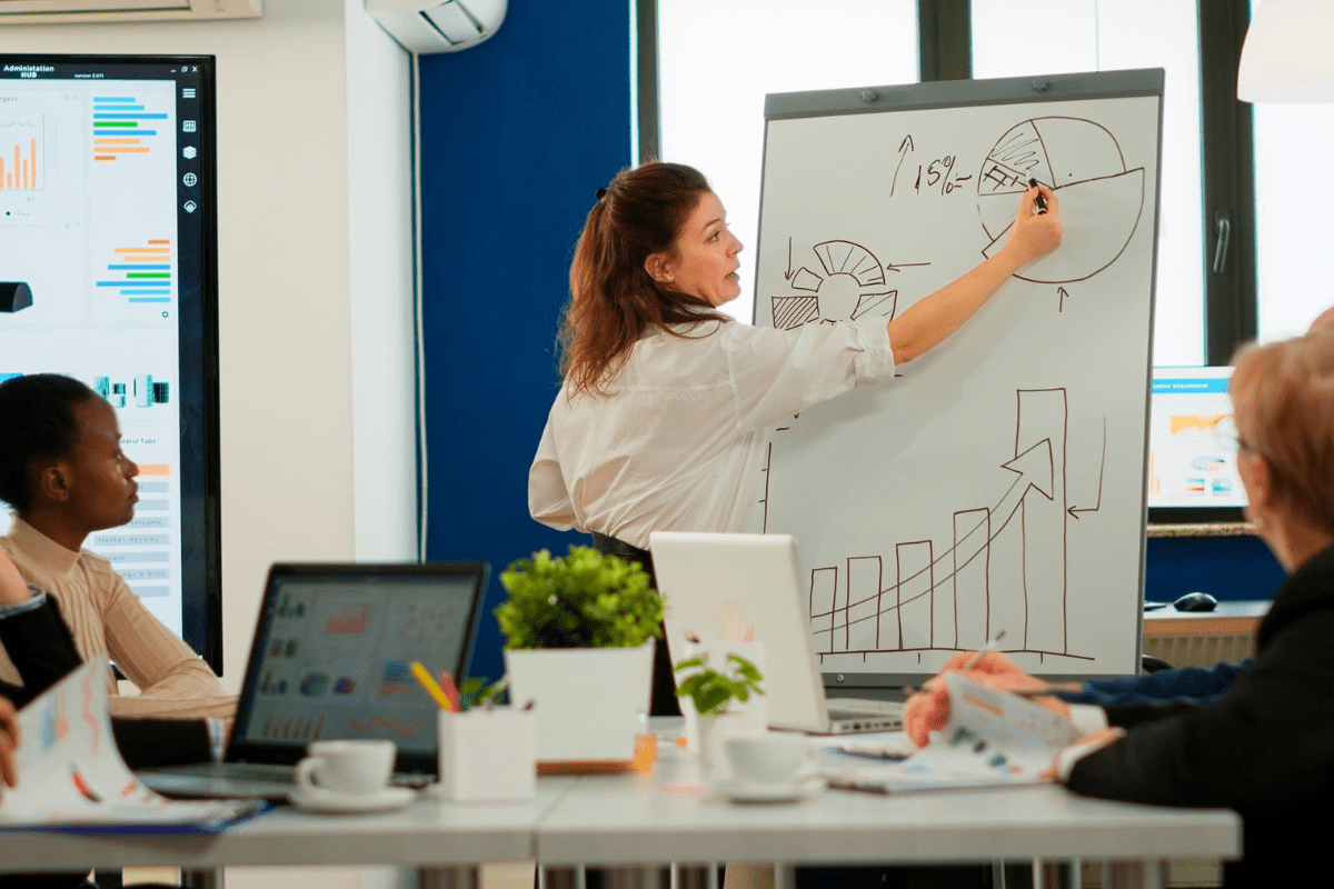 Mulher desenhando gráficos em painel branco durante reunião diante de colegas