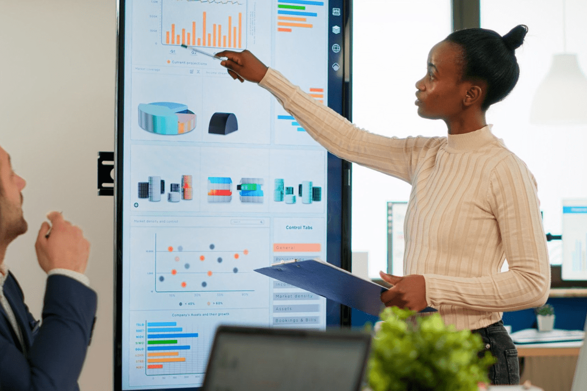 Dados: Startup Mulher durante reunião em Startup mostrando dados em painel aos colegas sentados à sua frente