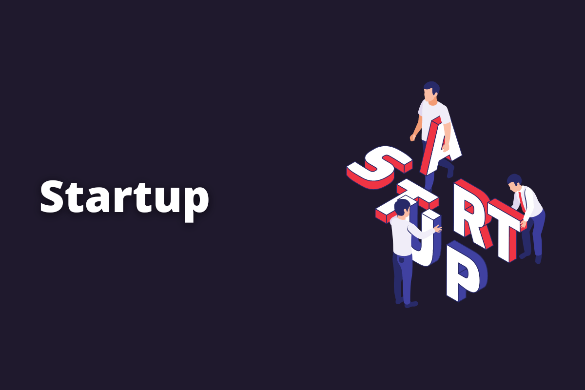 Montagem com fundo preto e termo Startup em branco à esquerda e símbolo web que representa o tema à direita