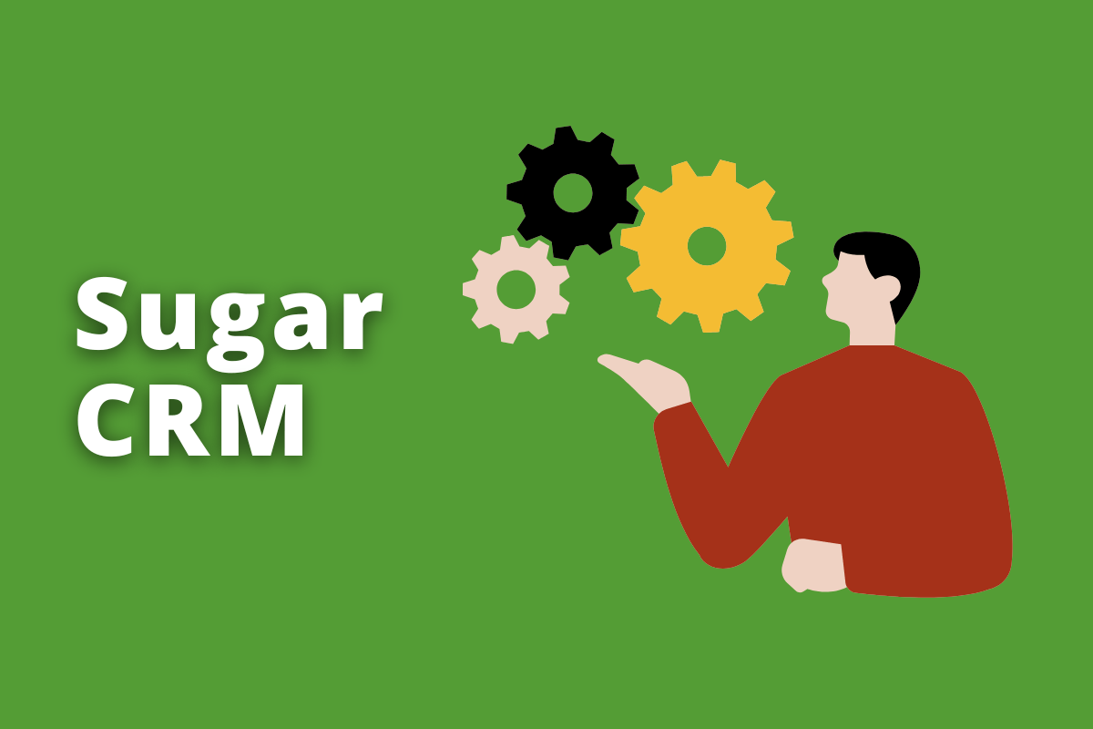 Montagem com fundo verde e frase SugarCRM em branco à esquerda e símbolo web que representa o tema à direita