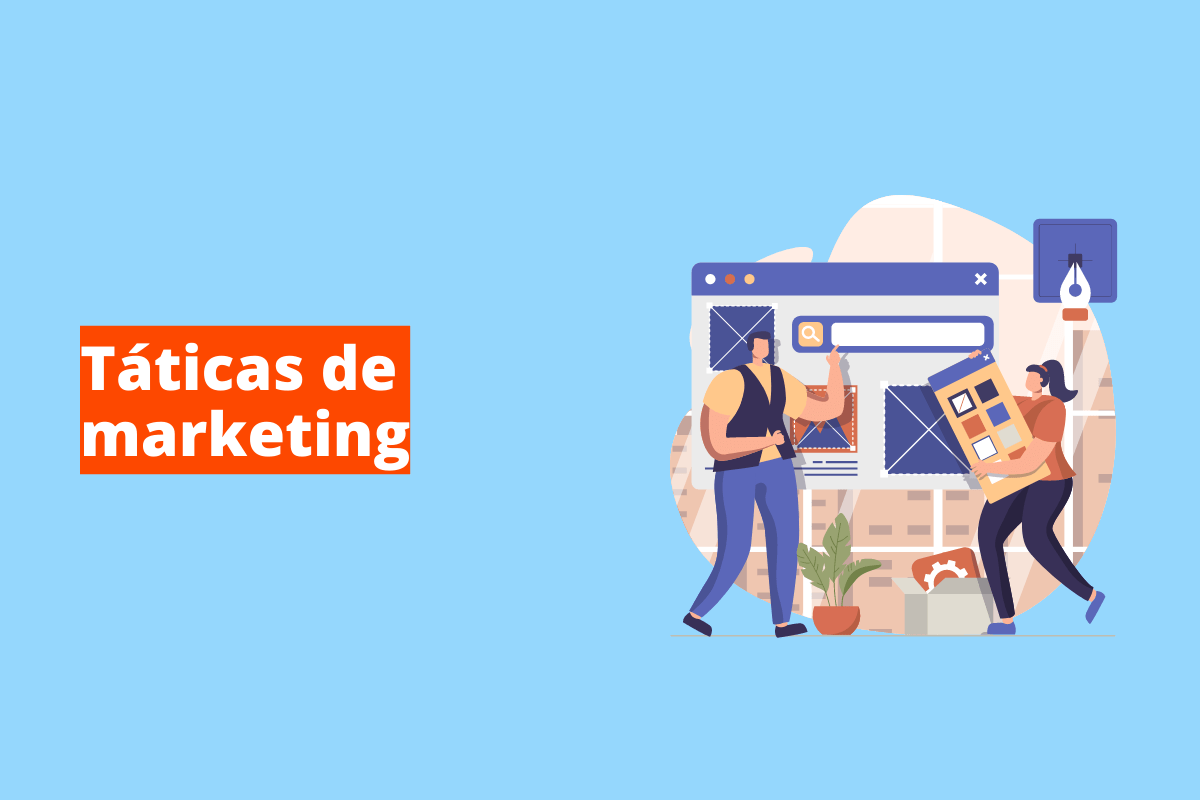 Montagem com fundo azul e frase Táticas de marketing em branco à esquerda com fundo laranja e símbolo web que representa o tema à direita