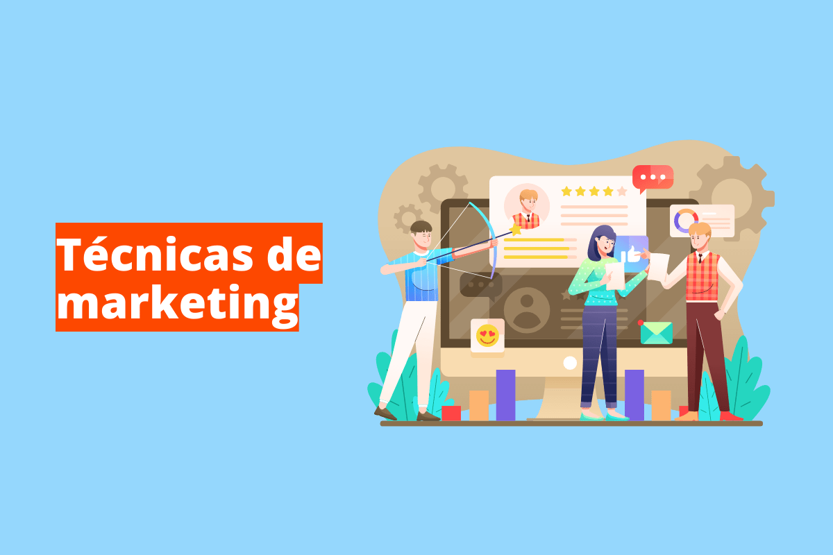 Montagem com fundo azul e frase Técnicas de marketing em branco à esquerda com fundo laranja e símbolo web que representa o tema à direita