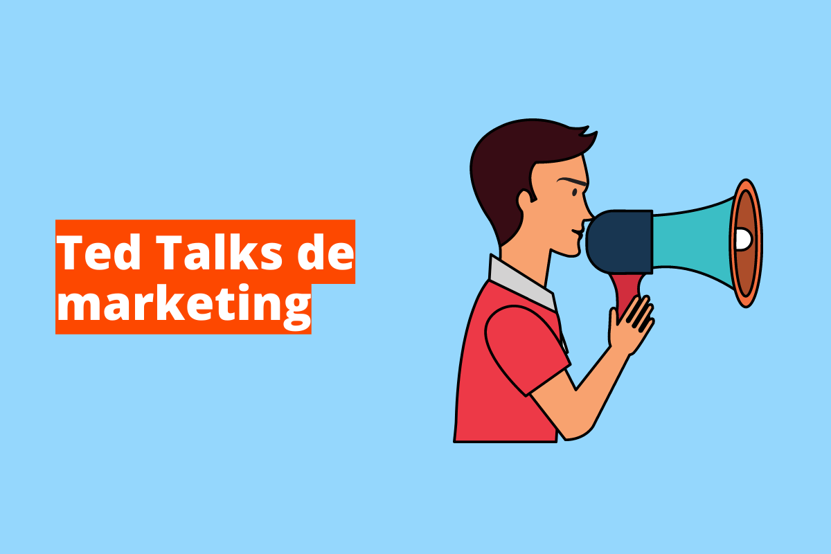 Ted Talks de marketing: o fundo da imagem é azul e tem se escrito Ted Talks de marketing