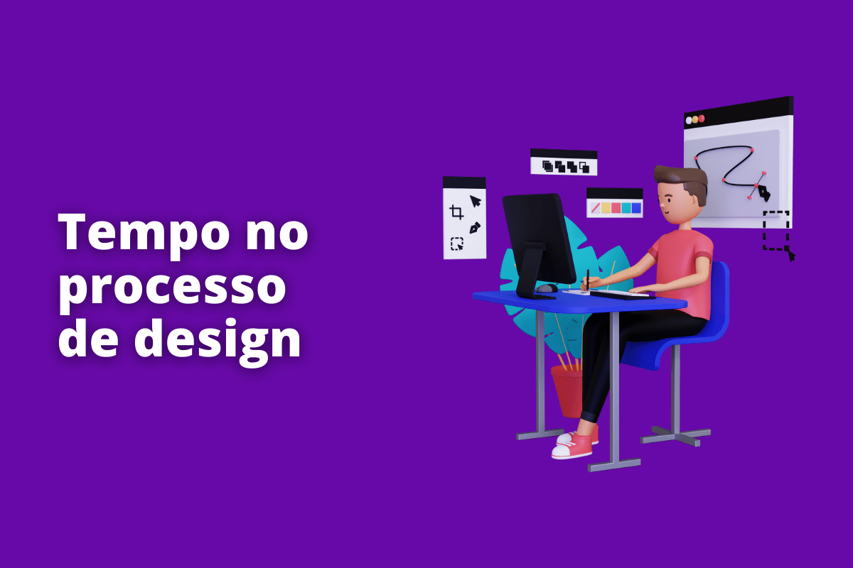 Montagem com fundo roxo e frase Tempo no processo de design em branco à esquerda e símbolo web que representa o tema à direita