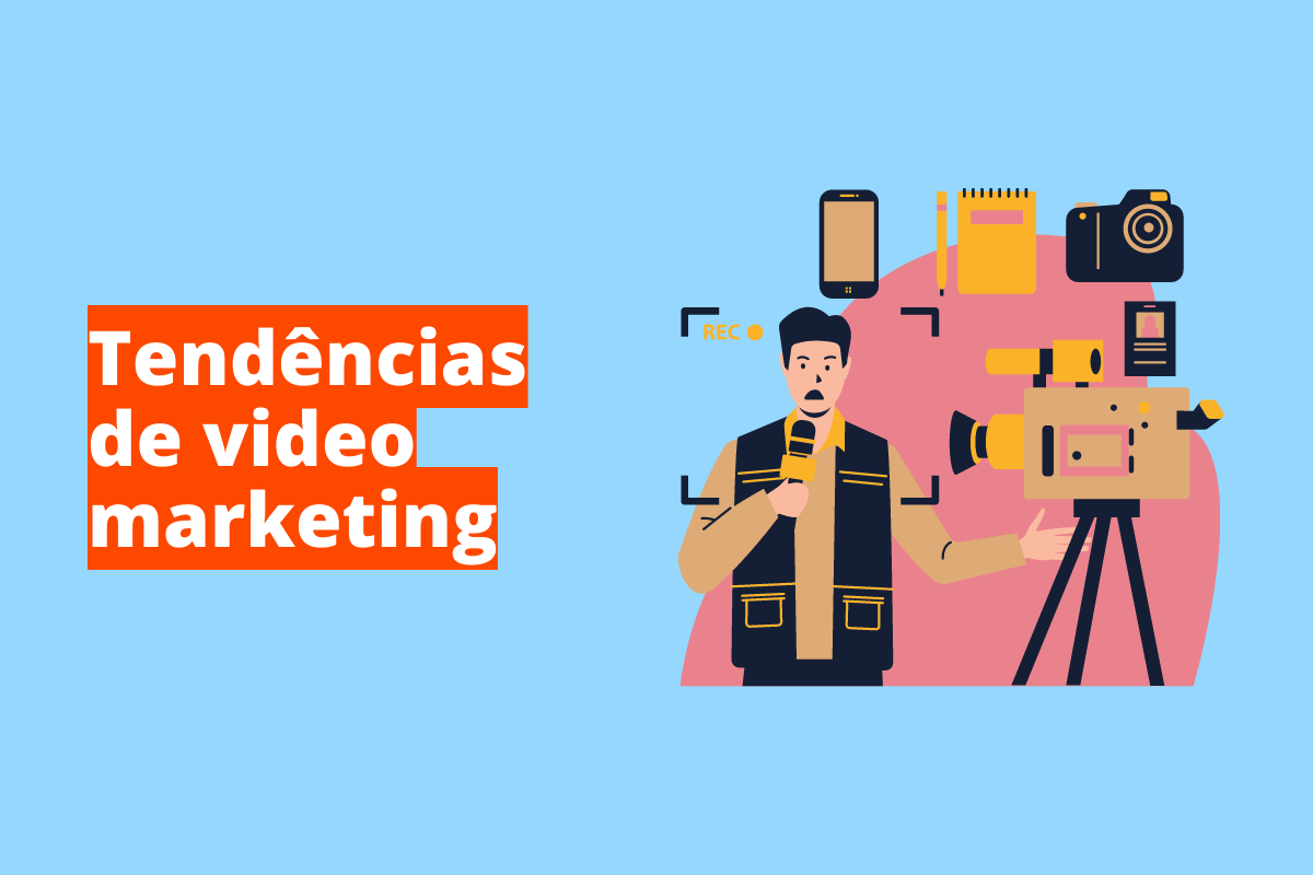 Montagem com fundo azul e frase Tendências de vídeo marketing em branco à esquerda com fundo laranja e símbolo web que representa o tema à direita