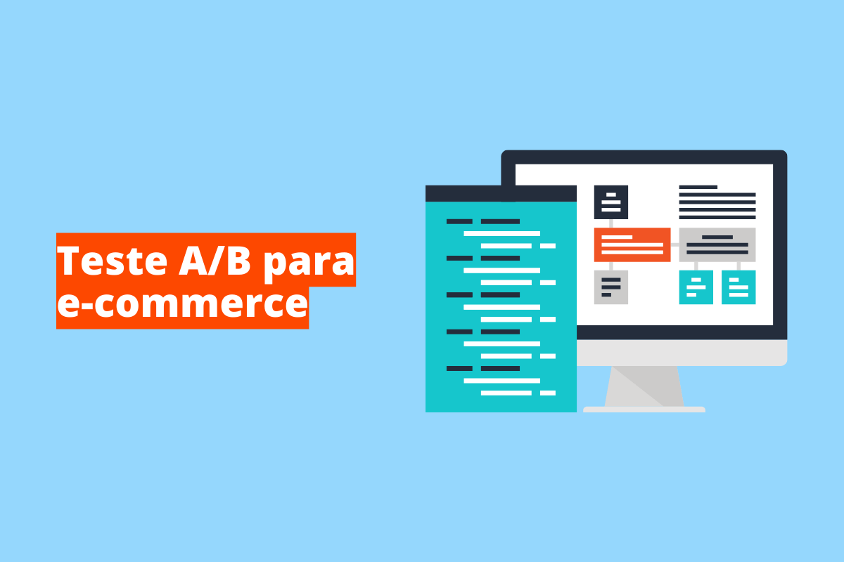 Montagem com fundo azul e frase Teste A/B para e-commerce em branco à esquerda com fundo laranja e símbolo web que representa o tema à direita