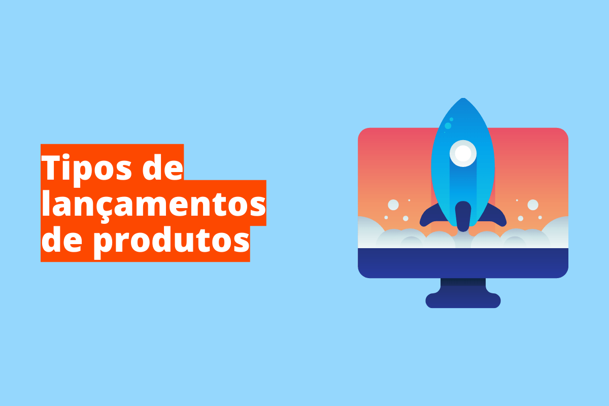 Montagem com fundo azul e frase Tipos de lançamentos de produtos em branco à esquerda com fundo laranja e símbolo web que representa o tema à direita