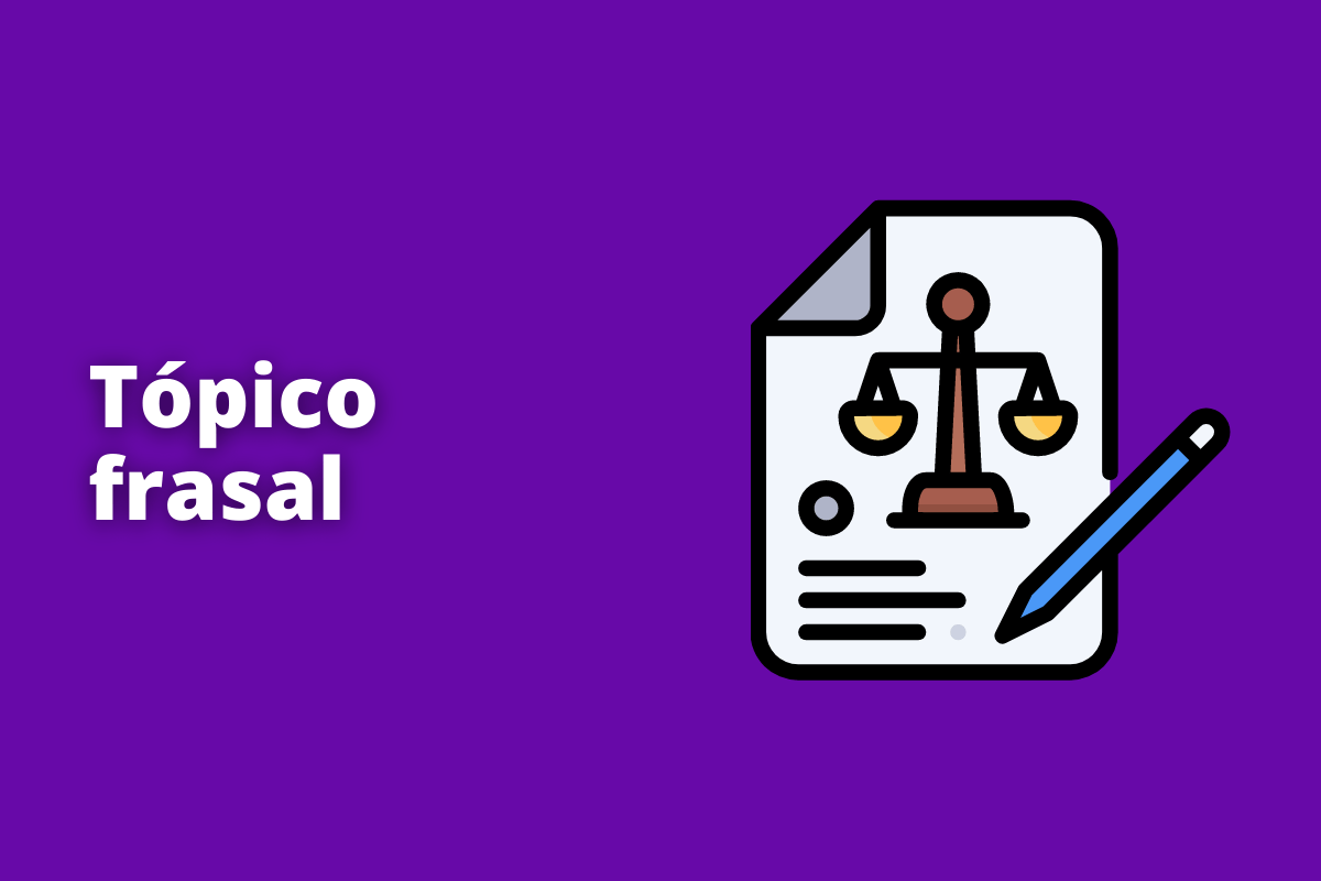 Montagem com fundo roxo e frase Tópico frasal em branco à esquerda e foto do mesmo à direita