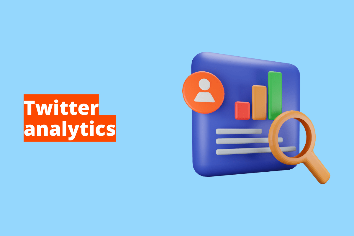 Montagem com fundo azul e frase Twitter analytics em branco à esquerda com fundo laranja e símbolo web que representa o tema à direita