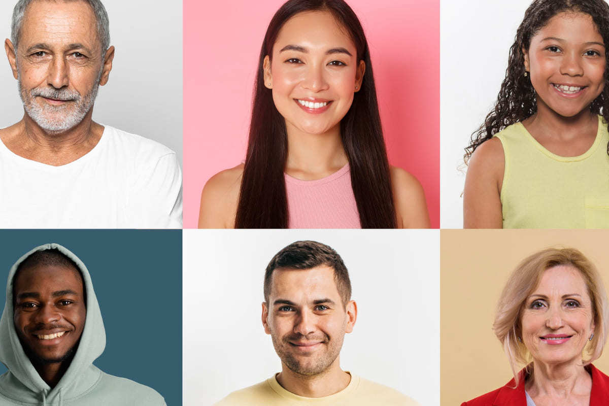 Montagem: Usar Facebook Messenger Ads Montagem com seis rostos de homens e mulheres com fundo colorido nas imagens