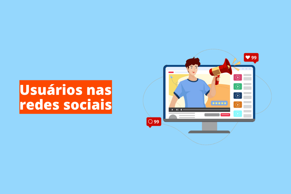 Montagem com fundo azul e frase Tendências de vídeo marketing em branco à esquerda com fundo laranja e símbolo web que representa o tema à direita