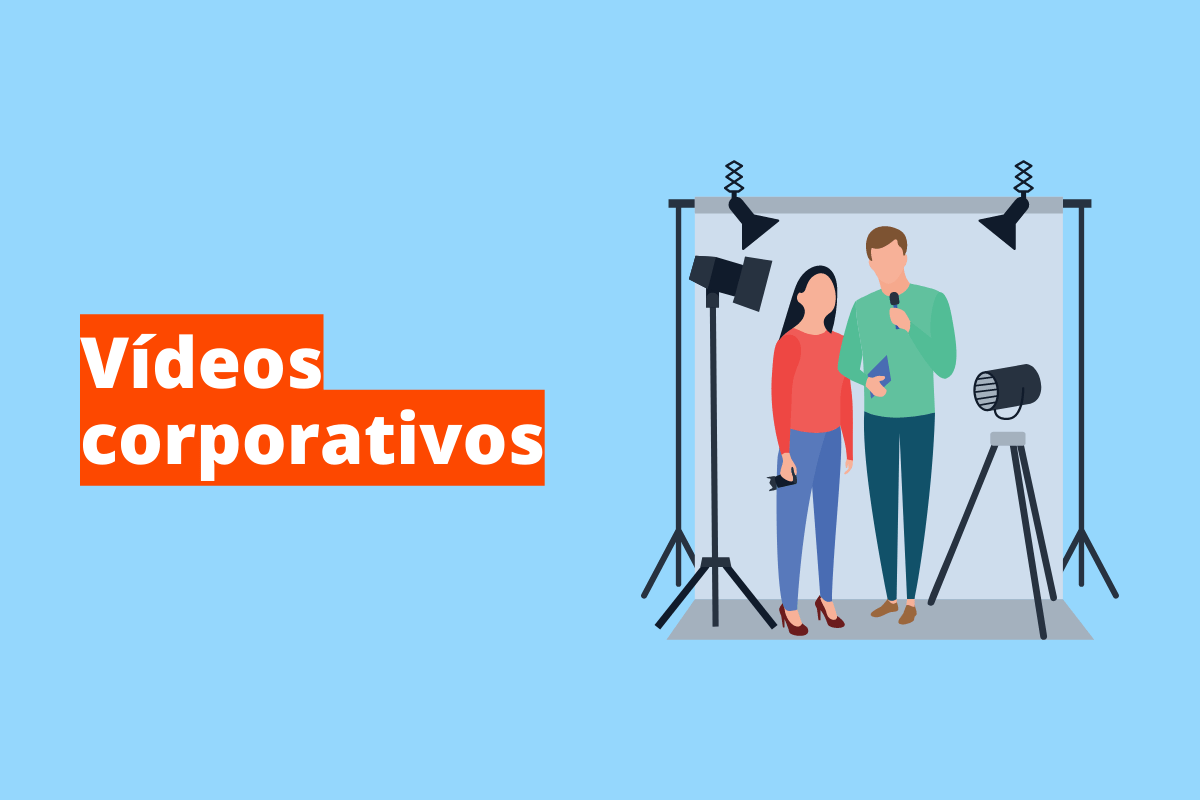 Montagem com fundo azul e frase Vídeos corporativos em branco à esquerda com fundo laranja e símbolo web que representa o tema à direita