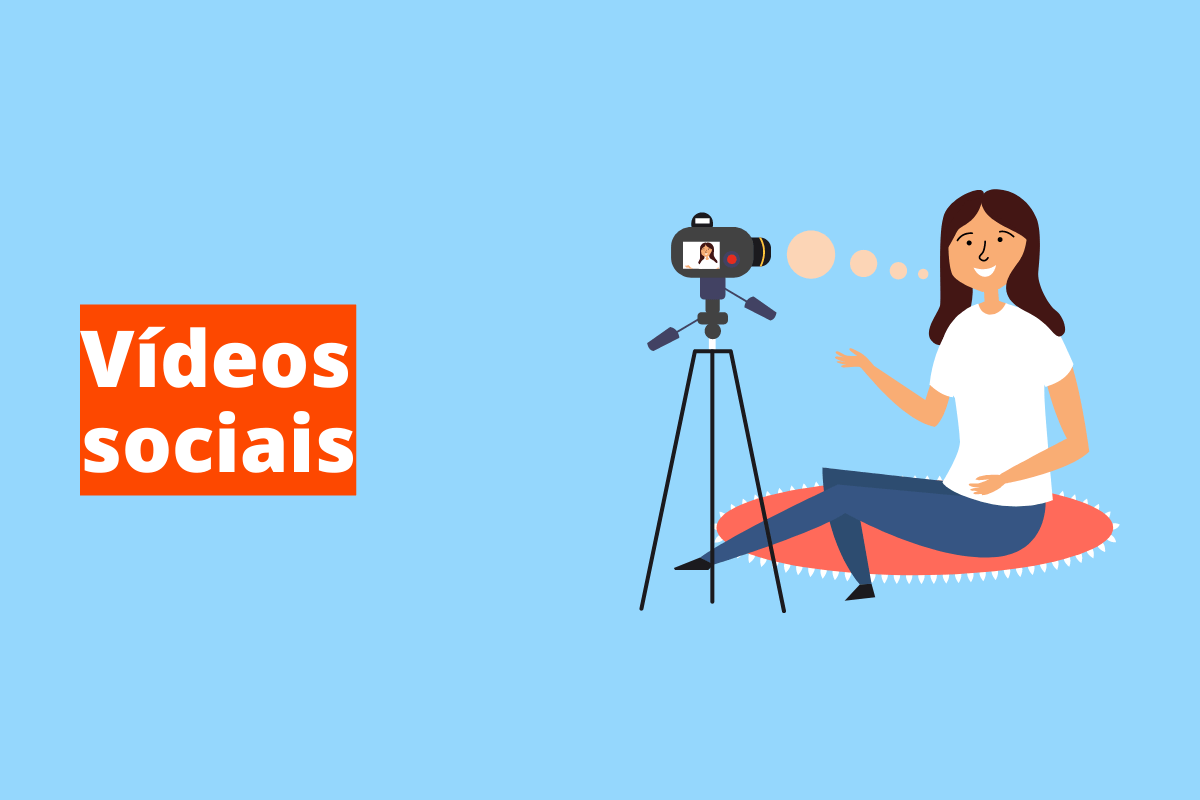 Montagem com fundo azul e frase Vídeos sociais em branco à esquerda com fundo laranja e símbolo web que representa o tema à direita