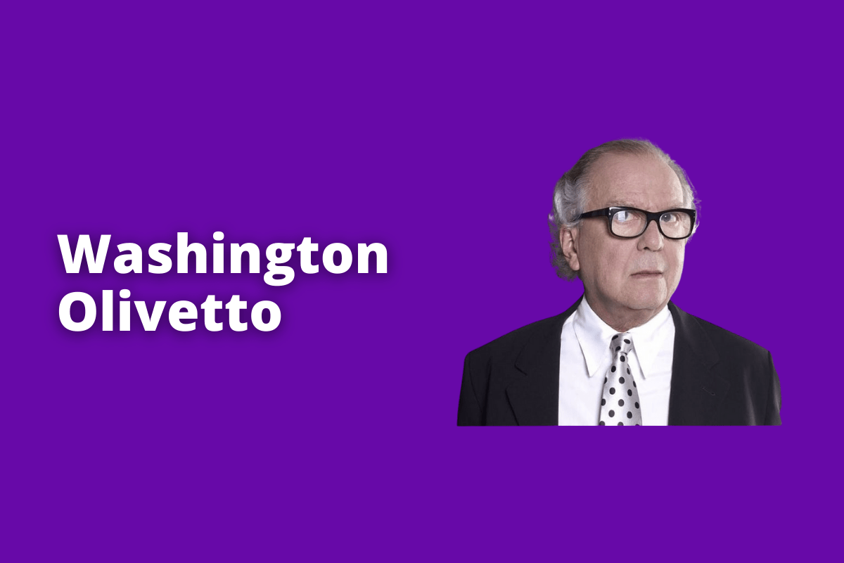 Montagem com fundo roxo e nome Washington Olivetto em branco à esquerda e foto do mesmo à direita