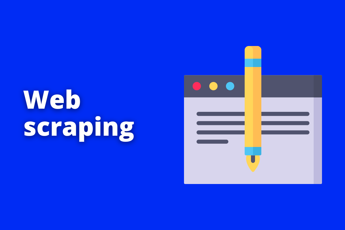 Montagem com fundo azul e frase Web scraping em branco com símbolo web à direita que representa o tema