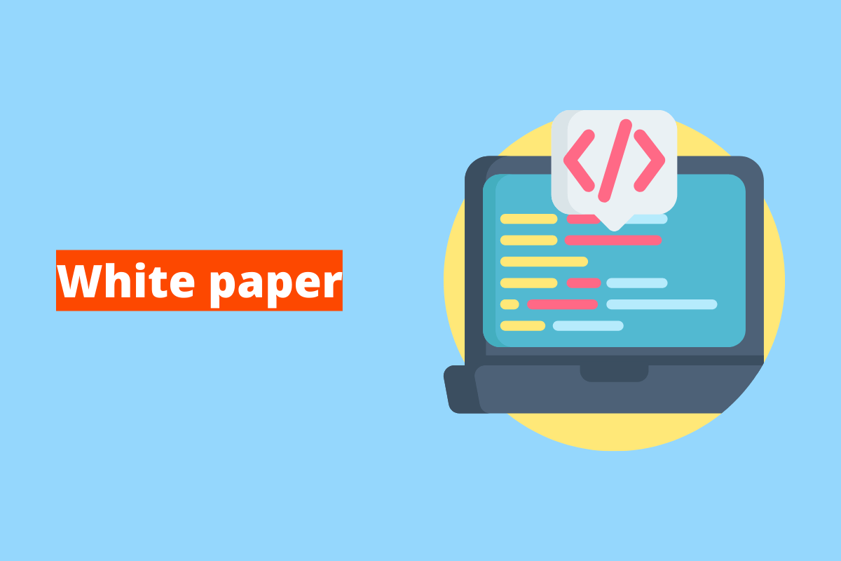 Montagem com fundo azul e frase White paper em branco à esquerda com fundo laranja e símbolo web que representa o tema à direita
