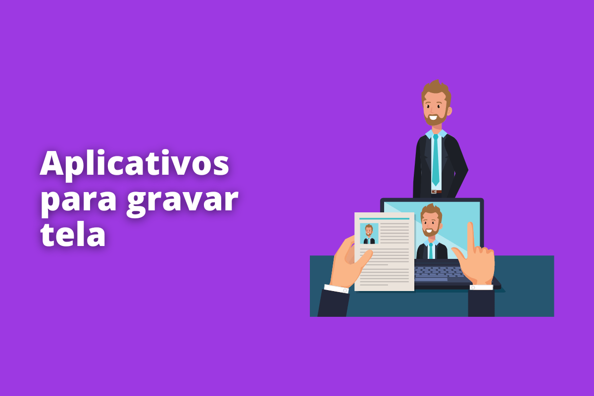 aplicativos para gravar tela: o fundo da imagem é roxo e tem se escrito aplicativos para gravar tela