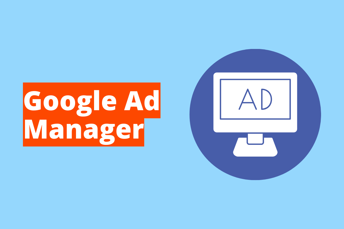 computador com o nome ad na tela. O fundo da imagem é azul e tem-se escrito google ad manager