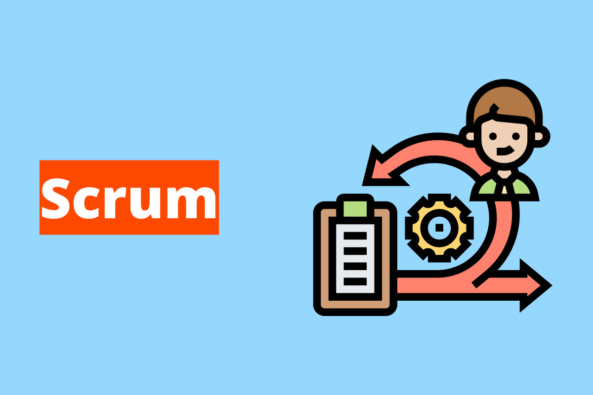 Scrum: o fundo da imagem é azul e tem - se escrito Scrum