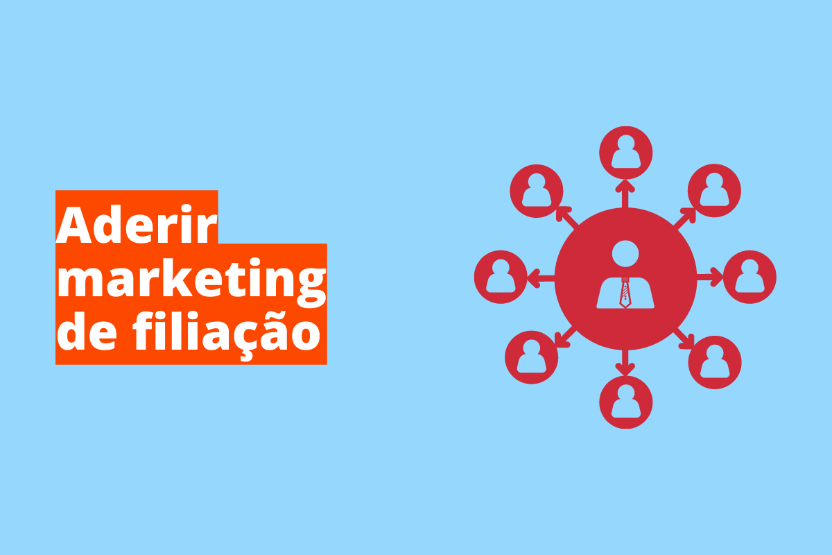 Montagem com fundo azul e frase Aderir marketing de filiação à esquerda com fundo laranja e símbolo web que representa o tema à direita