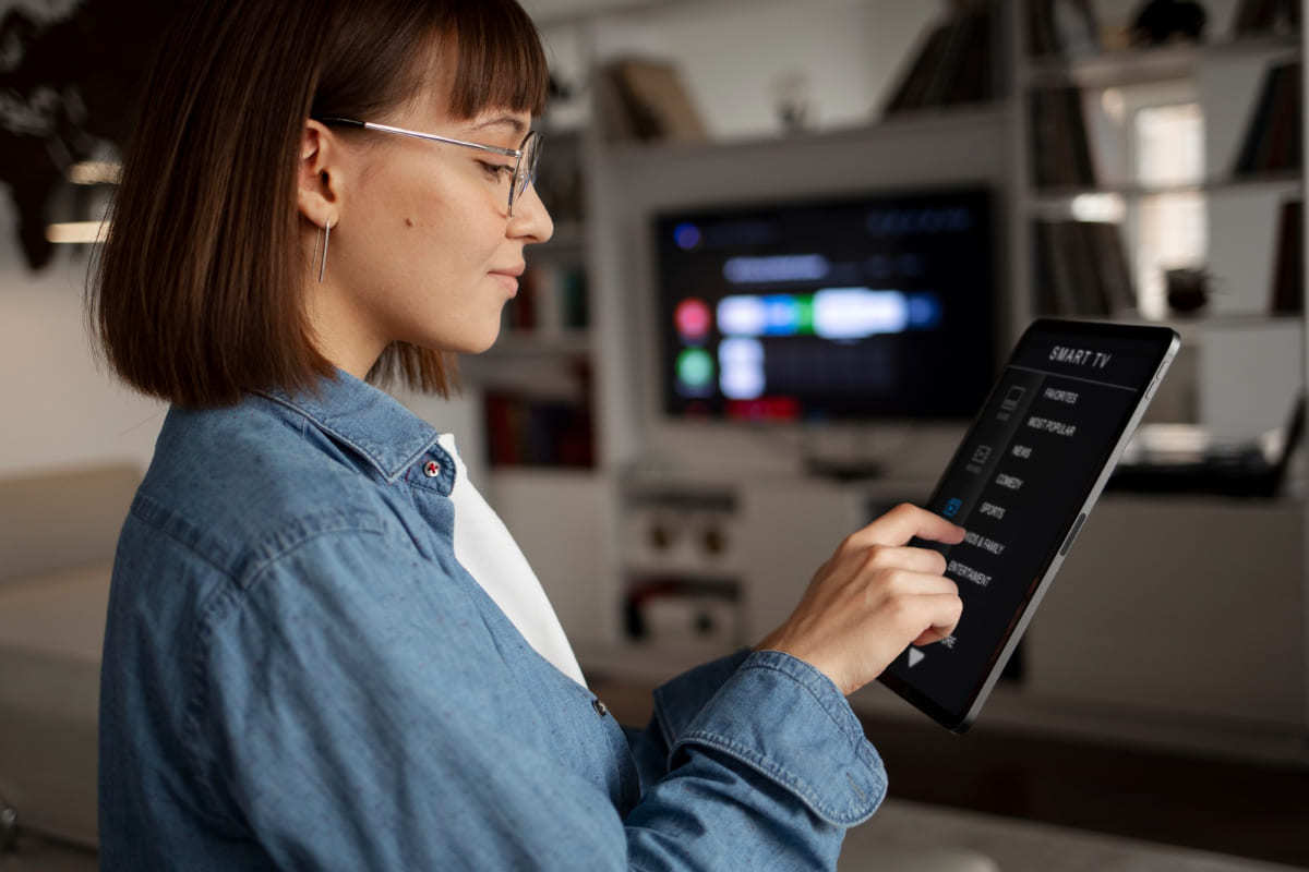 Mulher usando aplicativo em tablet para realizar comandos em smart tv para exibição de arquivos feitos com Adobe InCopy