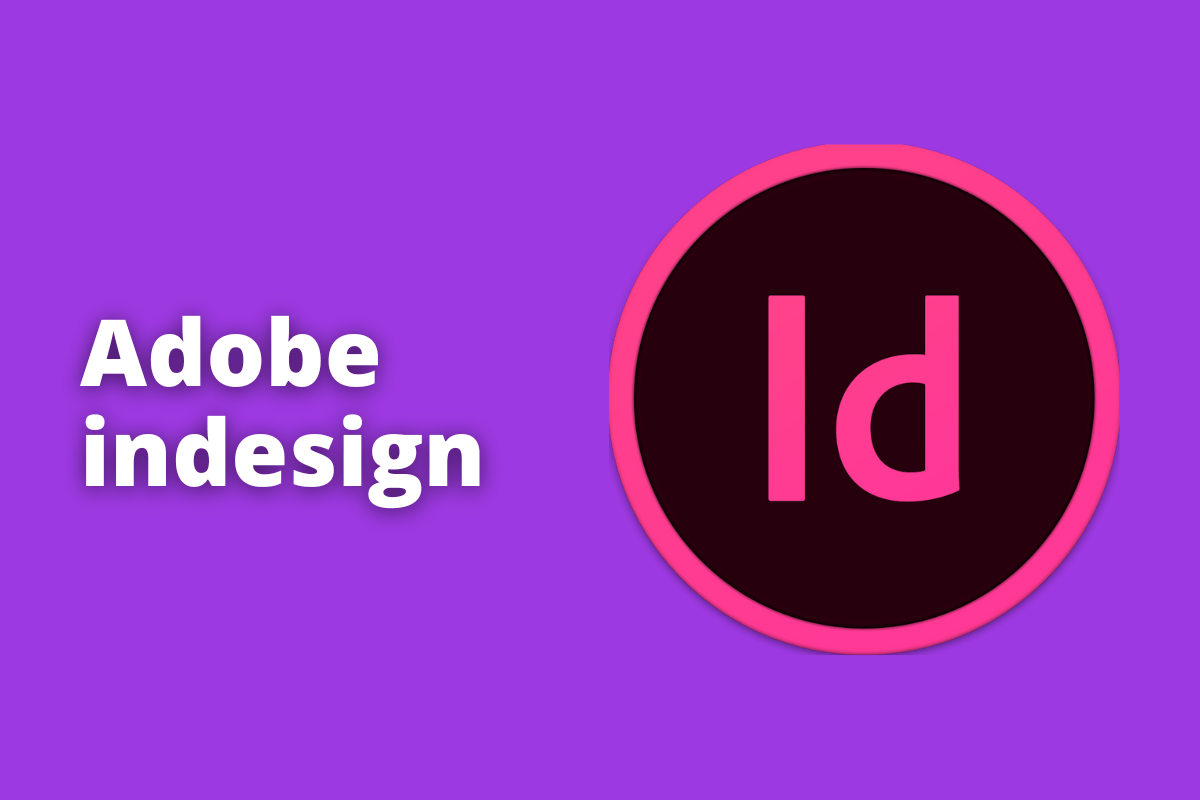 Montagem com fundo lilás e frase Adobe indesign em branco à esquerda e símbolo web que representa o tema à direita