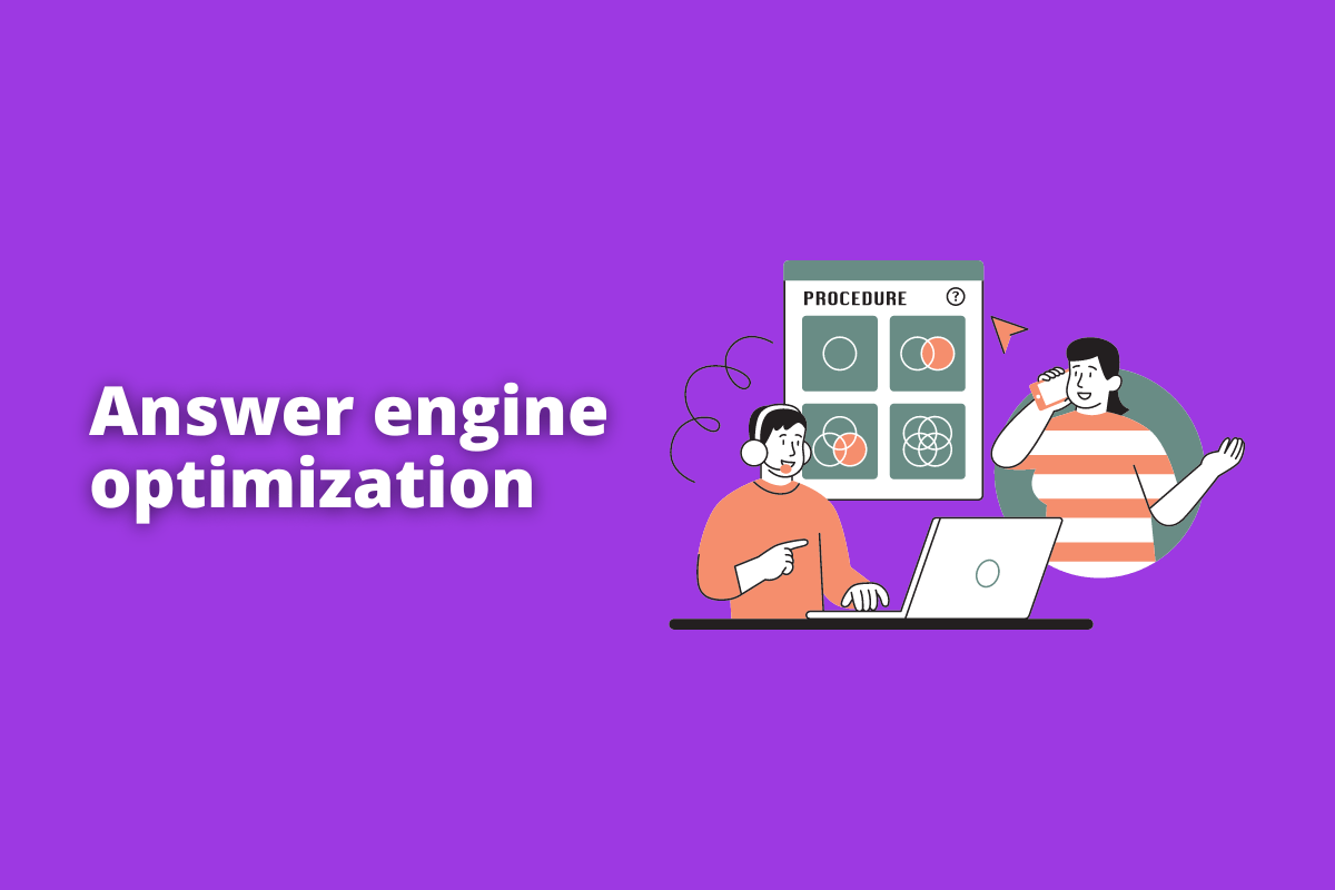 Montagem com fundo lilás e nome Answer engine optimization em branco com símbolo web à direita que representa o tema
