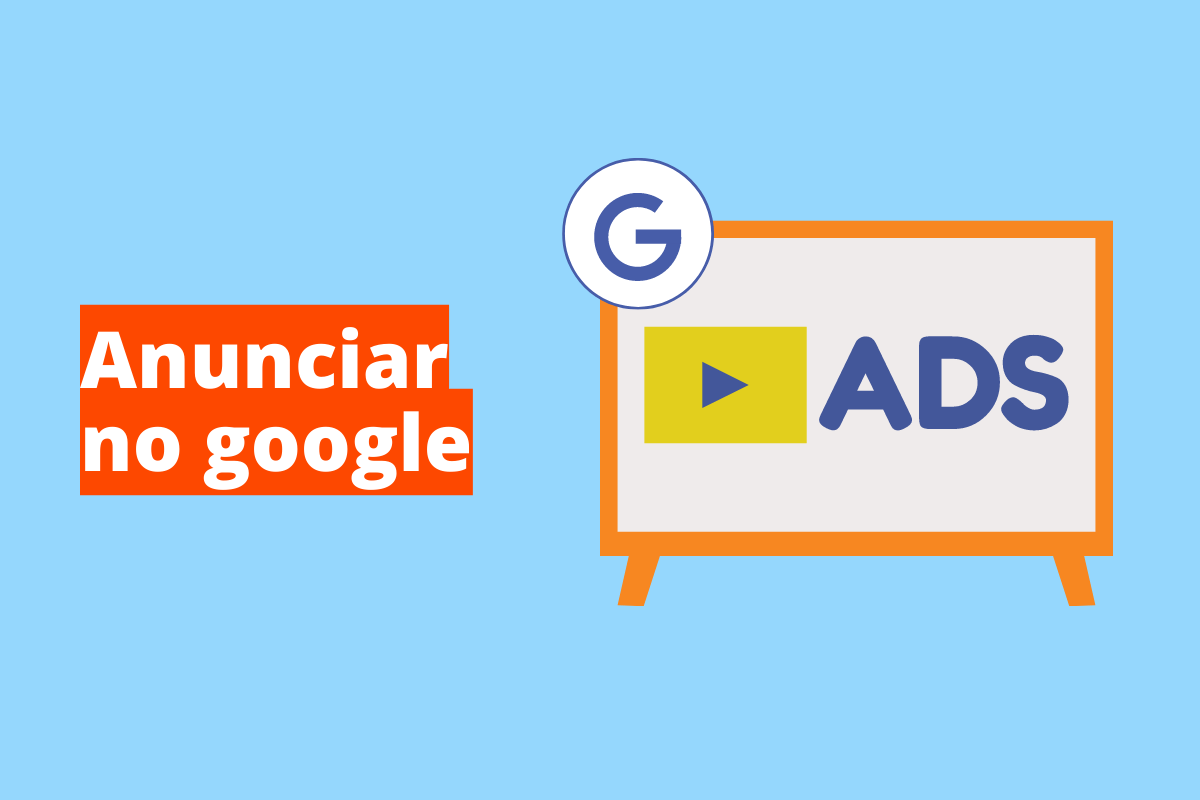 Jorge Moreno - Empreendedor Digital Montagem com fundo azul e frase Anunciar no Google à esquerda com fundo laranja e símbolo web que representa o tema à direita